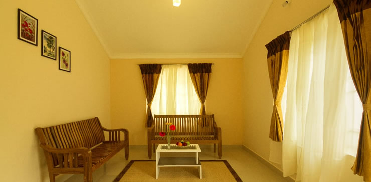 Bright cottage living area with wooden sofas, coffee table, large windows, and natural light creating a warm atmosphere