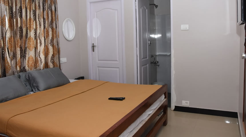 Bedroom with TV and attached bathroom in hill view cottage