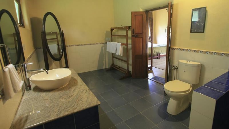 Spacious private bathroom with wash basin, mirror, toilet and tiled flooring