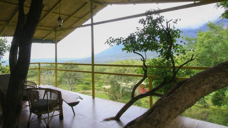 Elevated wooden balcony surrounded by trees with scenic mountain and valley views