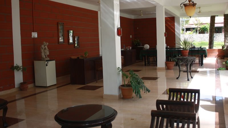Open lounge area with wooden seating, indoor plants and red brick walls